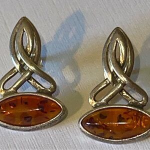 Sterling-Style Celtic Amber Drop Earrings - Brown Amber